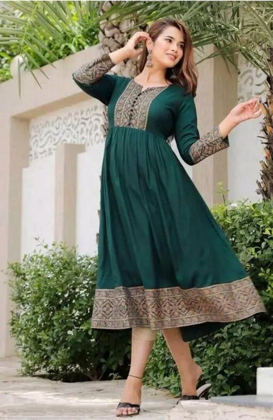 Green rayon printed anarkali kurti