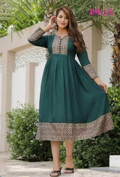 Green rayon printed anarkali kurti