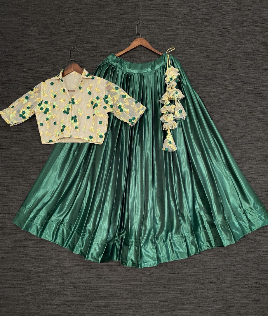 Green satin crop top lehenga