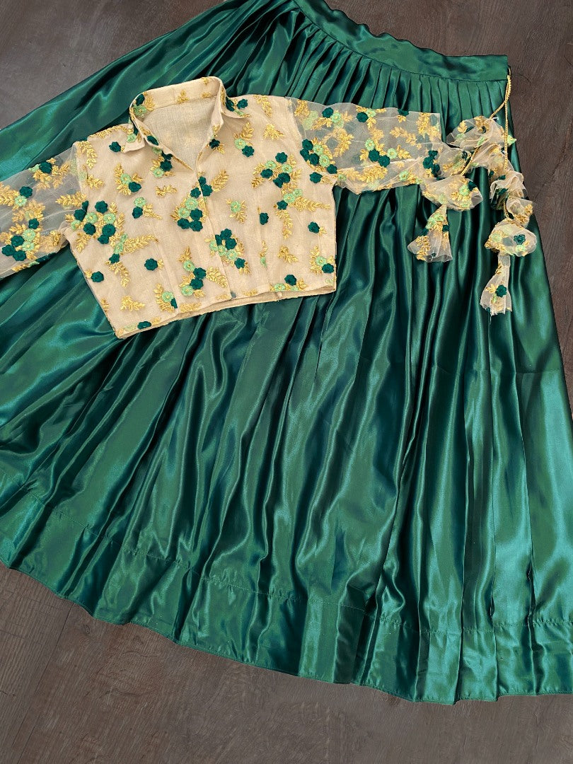Green satin crop top lehenga