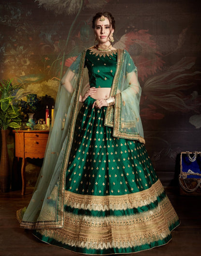 green satin heavy designer embroidered wedding lehenga choli