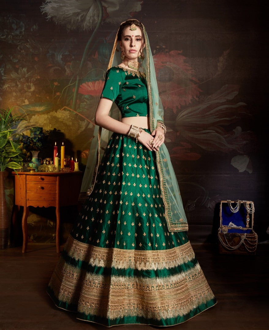 green satin heavy designer embroidered wedding lehenga choli