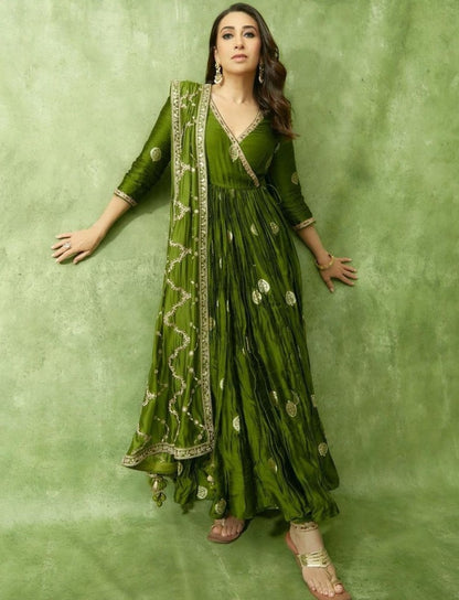 Green satin silk embroidery work party wear anarkali suit