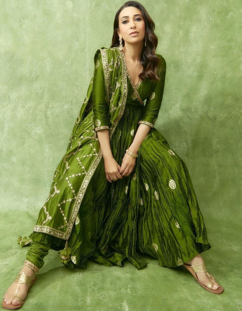 Green satin silk embroidery work party wear anarkali suit