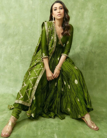 Green satin silk embroidery work party wear anarkali suit