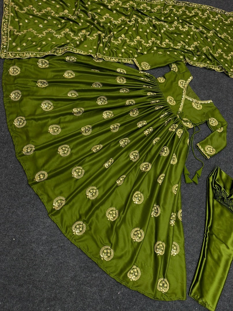 Green satin silk embroidery work party wear anarkali suit