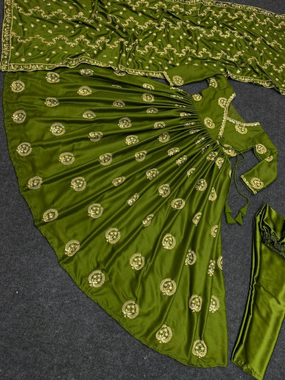 Green satin silk embroidery work party wear anarkali suit