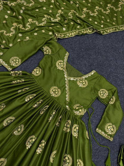 Green satin silk embroidery work party wear anarkali suit