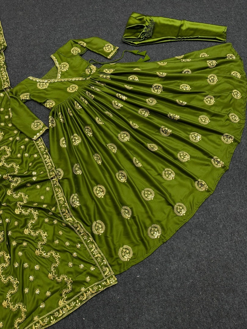 Green satin silk embroidery work party wear anarkali suit