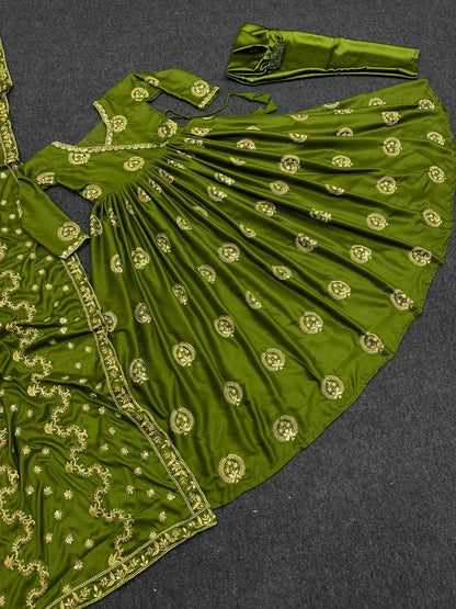 Green satin silk embroidery work party wear anarkali suit