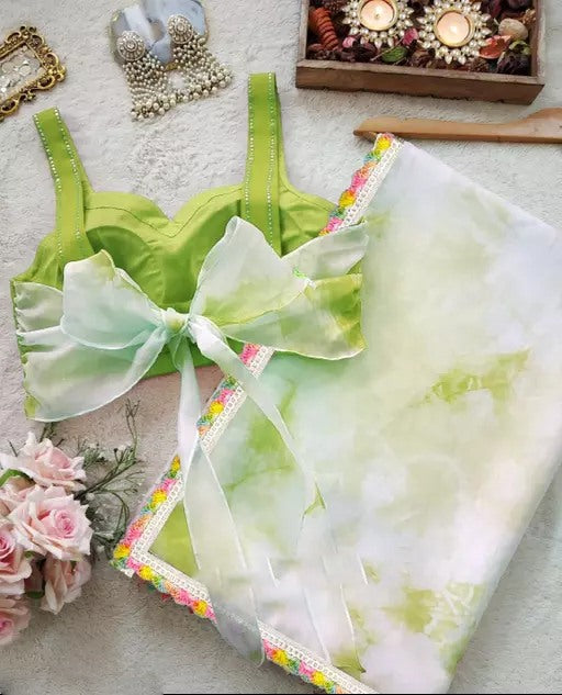 Green shibori print girlish organza saree
