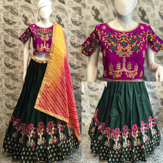 green silk embroidered navratri festival wear lehenga choli