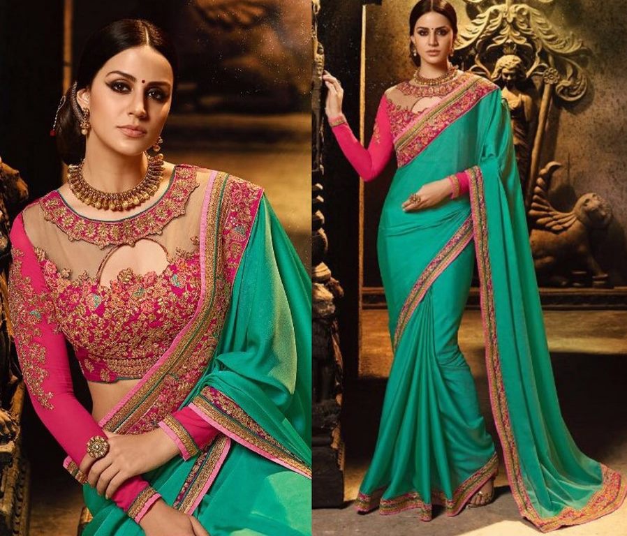 Green silk georgette embroidered wedding saree