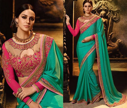 Green silk georgette embroidered wedding saree