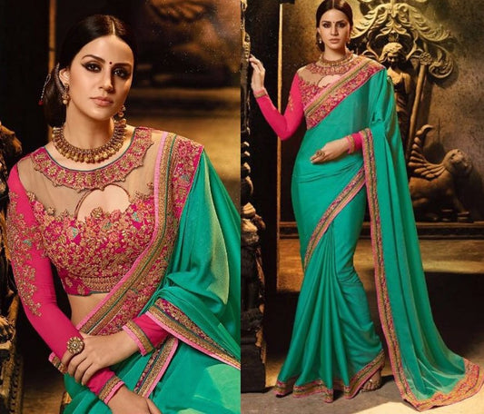 Green silk georgette embroidered wedding saree