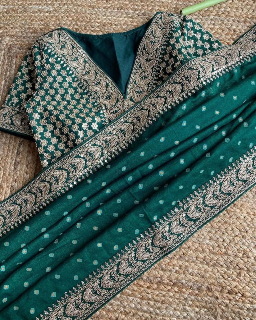 Green silk heavy embroidery work designer wedding saree