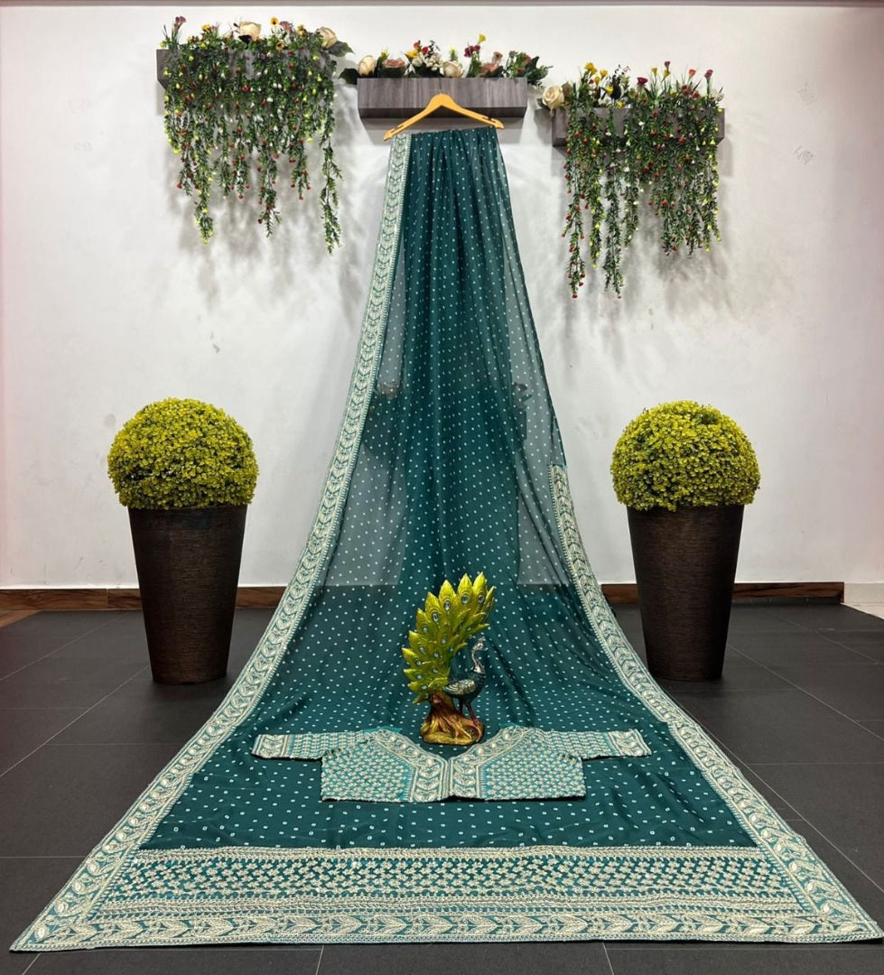 Green silk heavy embroidery work designer wedding saree