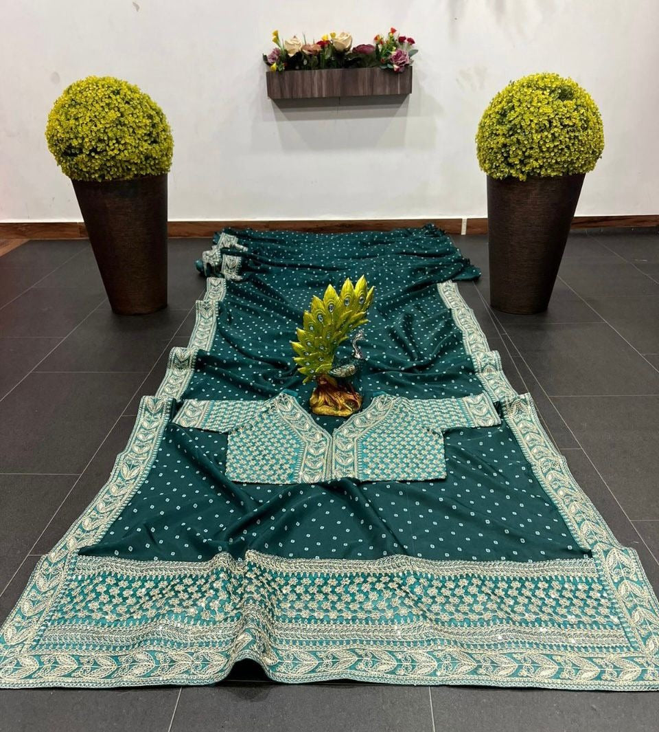 Green silk heavy embroidery work designer wedding saree