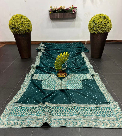 Green silk heavy embroidery work designer wedding saree