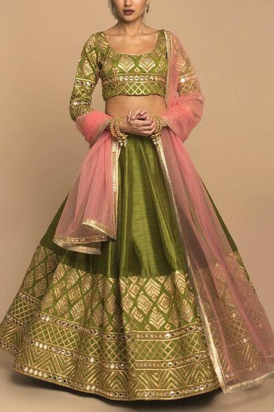 Green slub silk embroidered wedding lehenga choli