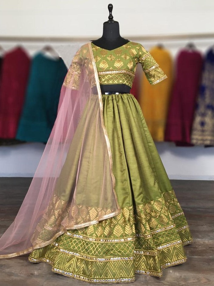 Green slub silk embroidered wedding lehenga choli