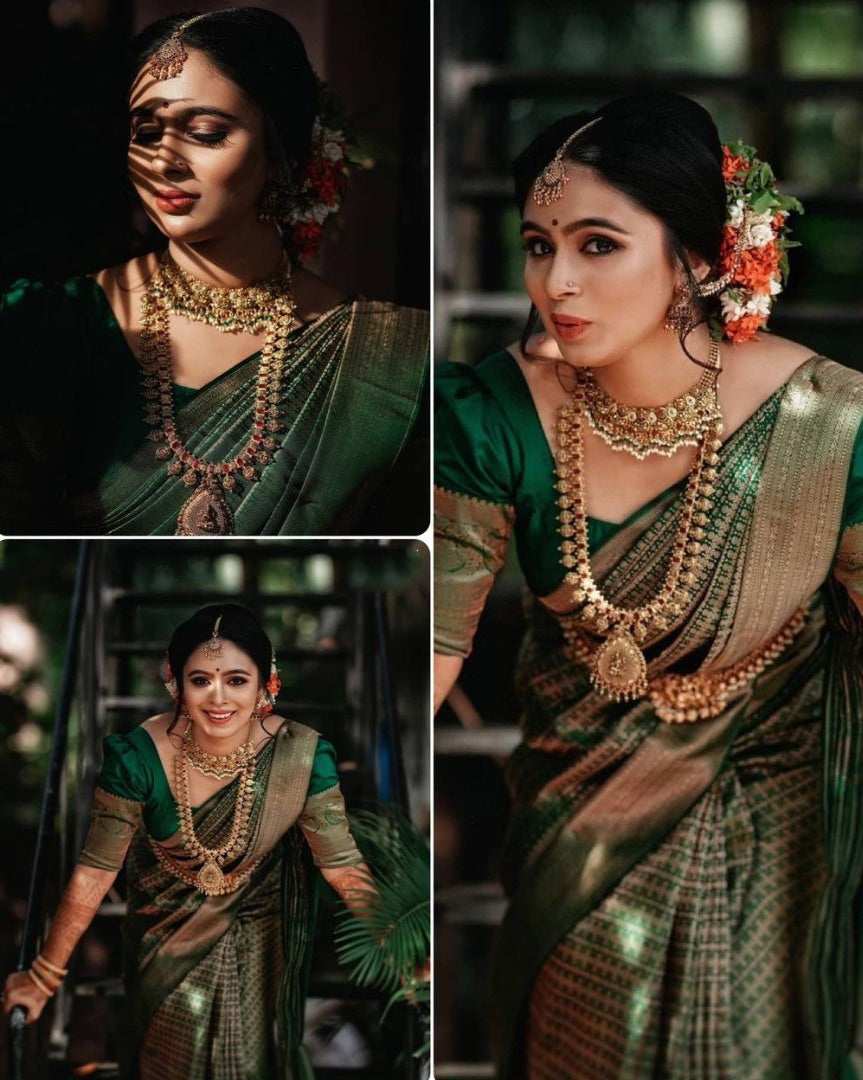 Green soft lichi silk golden zari jacquard weaving wedding saree
