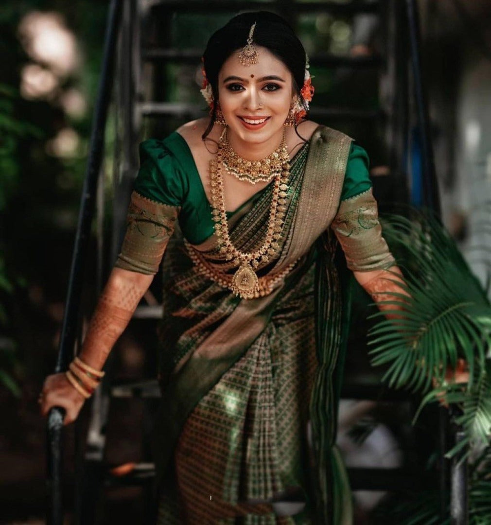 Green soft lichi silk golden zari jacquard weaving wedding saree