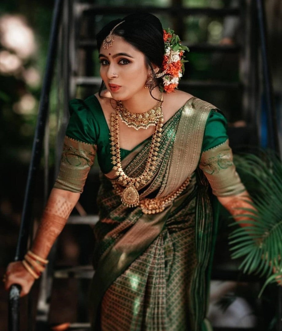 Green soft lichi silk golden zari jacquard weaving wedding saree