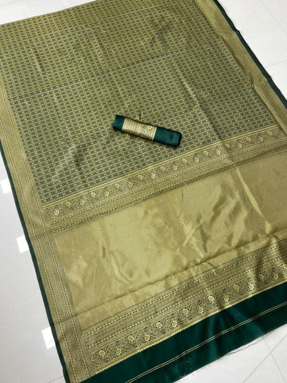 Green soft lichi silk golden zari jacquard weaving wedding saree