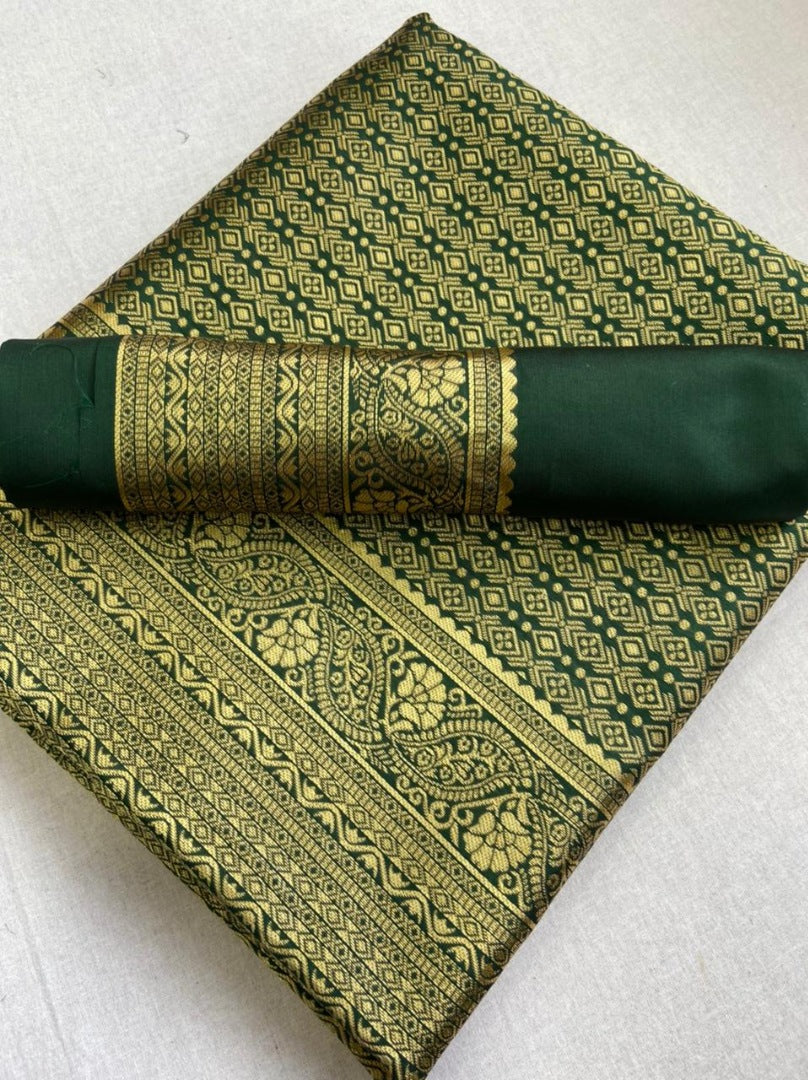 Green soft lichi silk golden zari jacquard weaving wedding saree