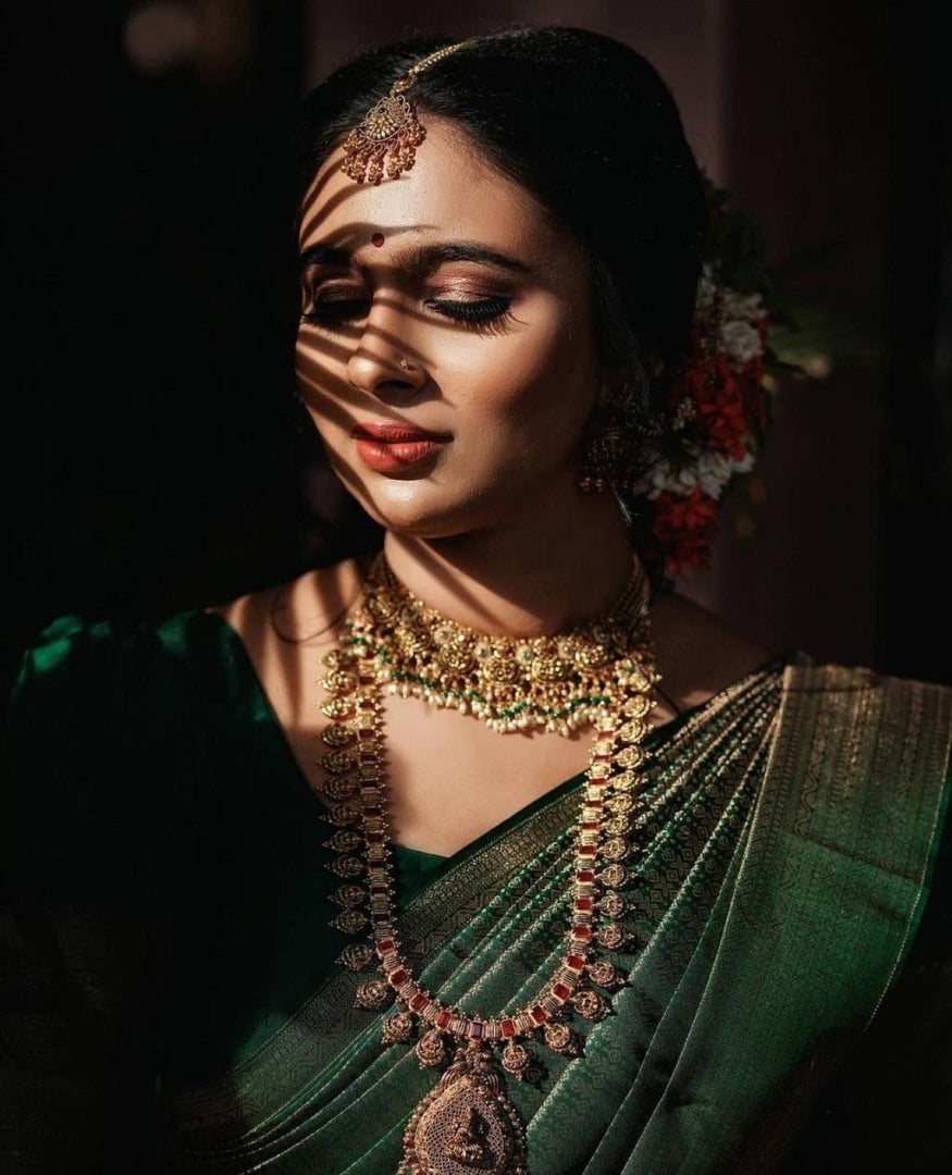 Green soft lichi silk golden zari jacquard weaving wedding saree