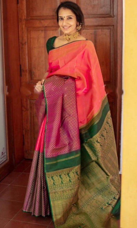 Green soft lichi silk jacquard weaving work ceremonial wear saree