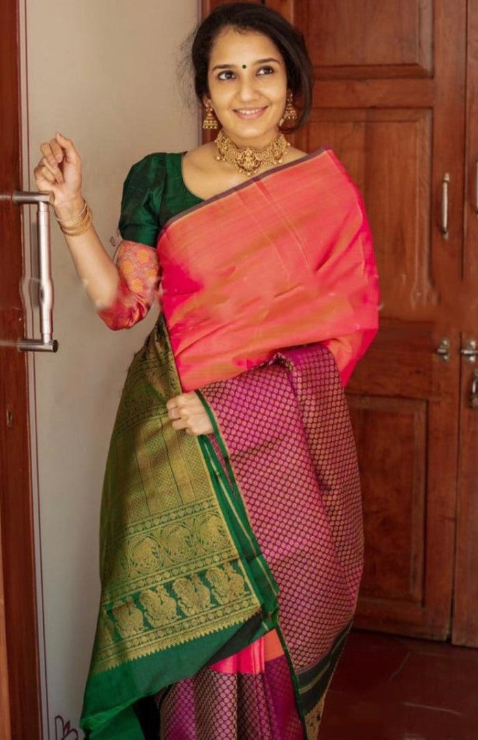 Green soft lichi silk jacquard weaving work ceremonial wear saree