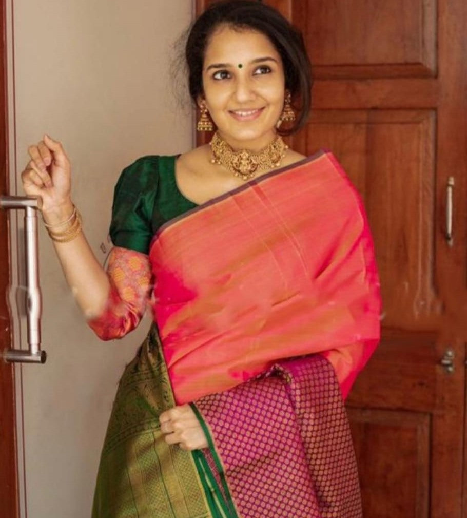 Green soft lichi silk jacquard weaving work ceremonial wear saree