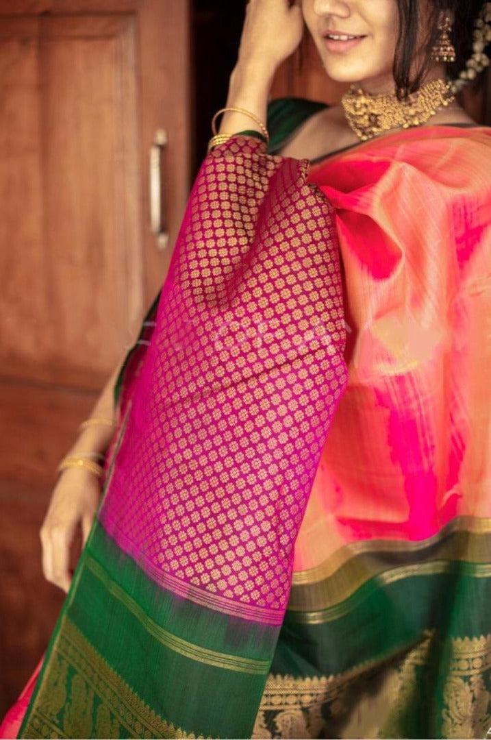 Green soft lichi silk jacquard weaving work ceremonial wear saree