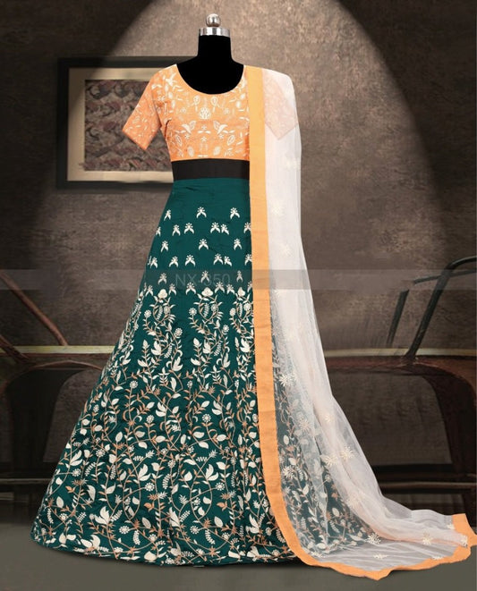 Green soft tafeta silk heavy fancy threadworked lehenga choli