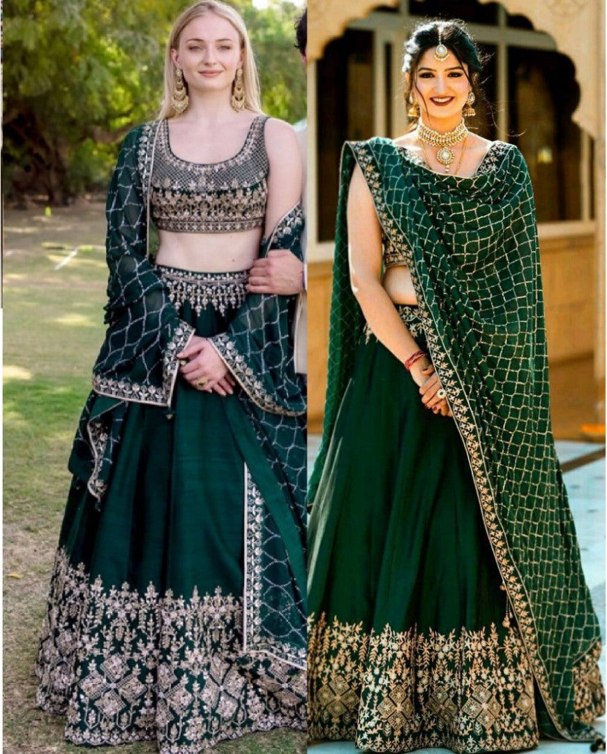 green soft tapeta silk heavy embroidered wedding lehenga choli