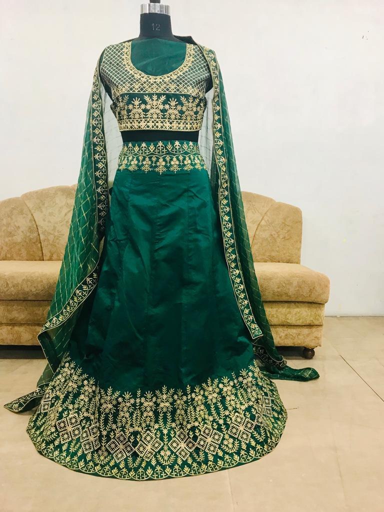green soft tapeta silk heavy embroidered wedding lehenga choli