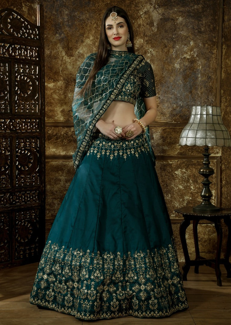 Green taffeta satin heavy embroidered designer wedding lehenga choli