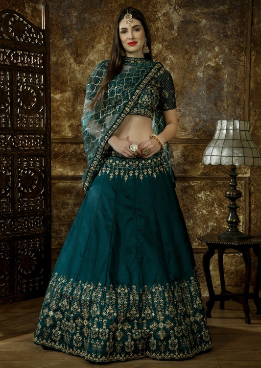 Green taffeta satin heavy embroidered designer wedding lehenga choli