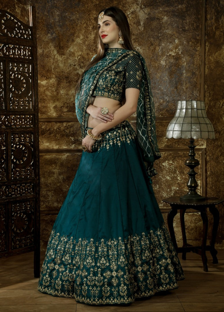 Green taffeta satin heavy embroidered designer wedding lehenga choli
