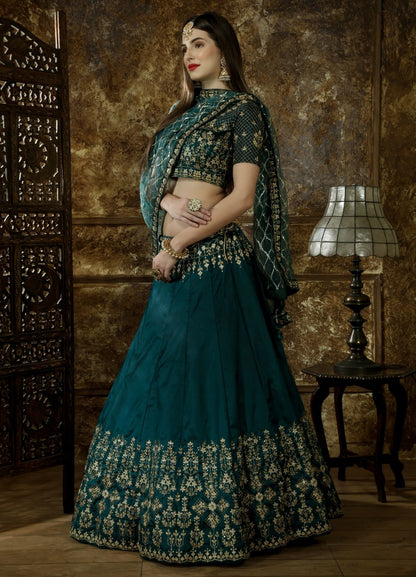 Green taffeta satin heavy embroidered designer wedding lehenga choli