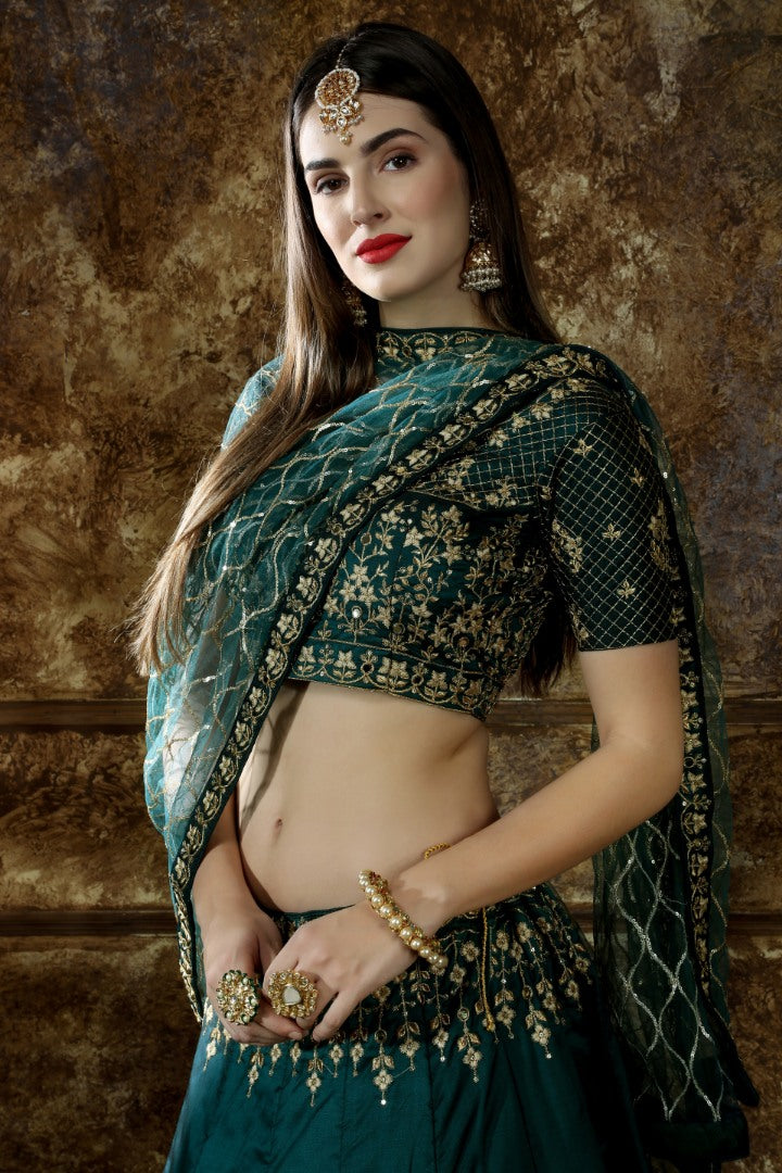 Green taffeta satin heavy embroidered designer wedding lehenga choli