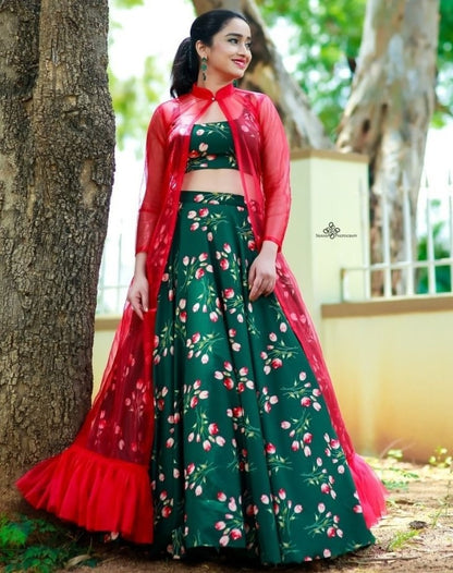 Green tapeta silk digital printed lehenga with red shrug