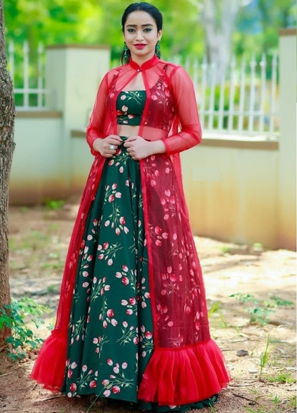 Green tapeta silk digital printed lehenga with red shrug