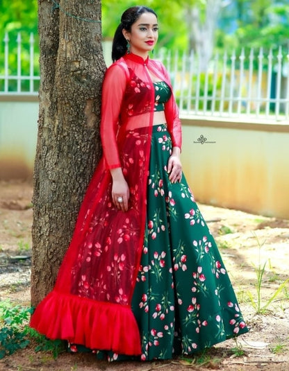 Green tapeta silk digital printed lehenga with red shrug