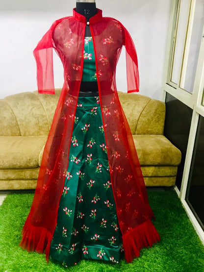 Green tapeta silk digital printed lehenga with red shrug