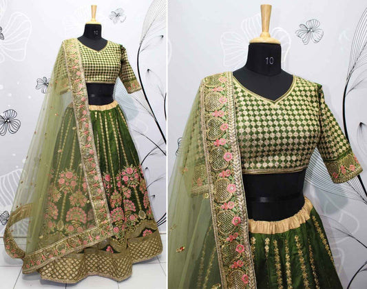 green thai silk designer heavy embroidered bridal lehenga