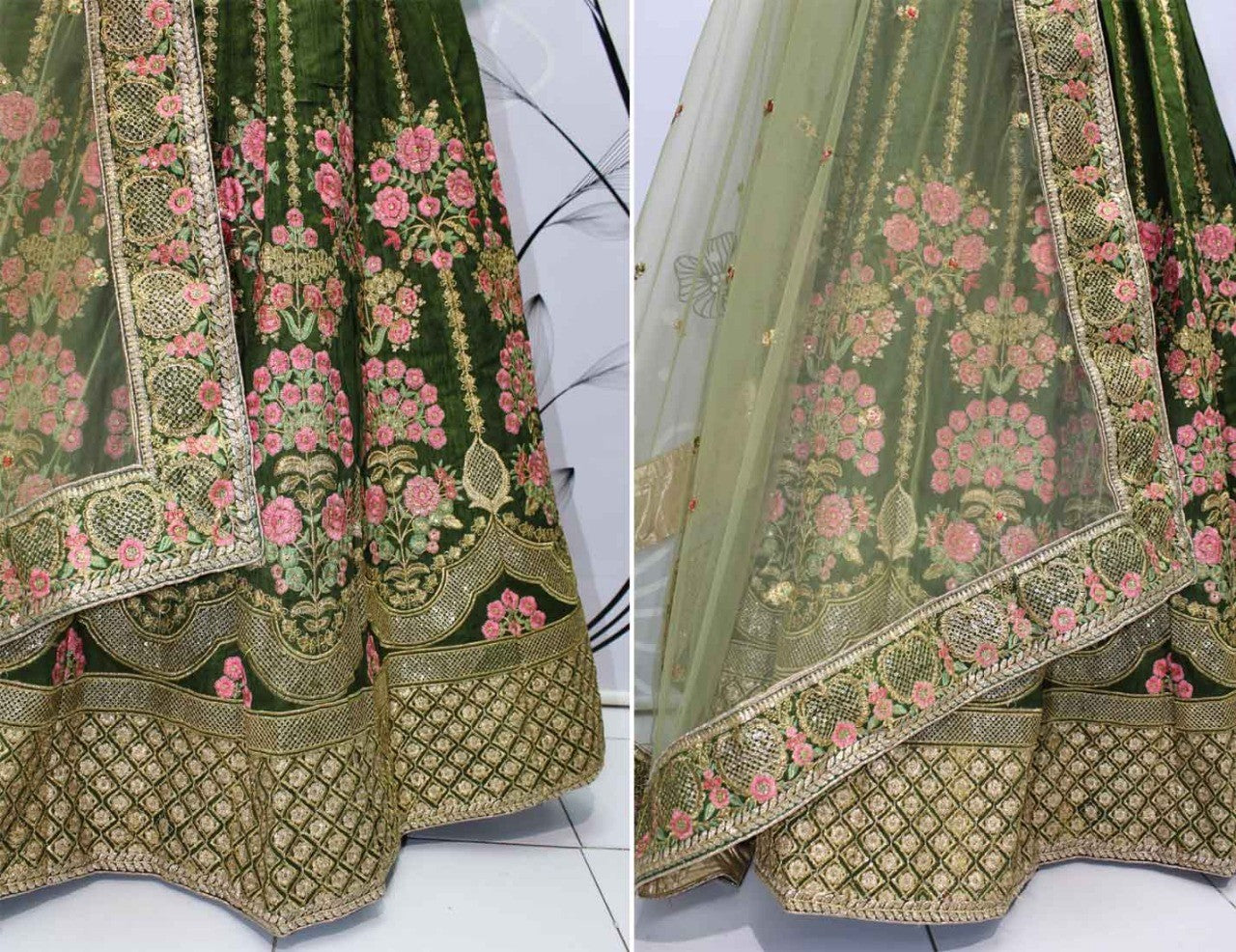 green thai silk designer heavy embroidered bridal lehenga
