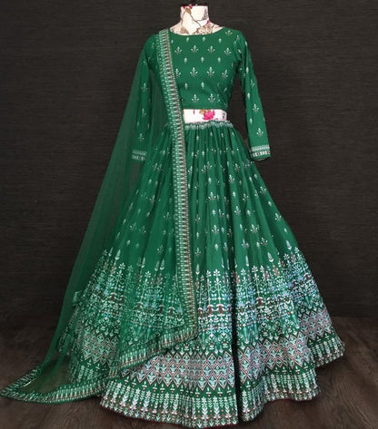 Green vaishali silk digital printed ceremonial lehenga choli